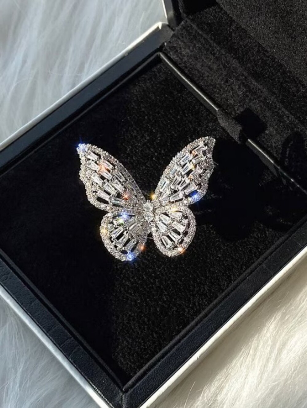Iced Out Butterfly Ring BOLD Statement Silver Adjustable Band - Picture 4 of 10